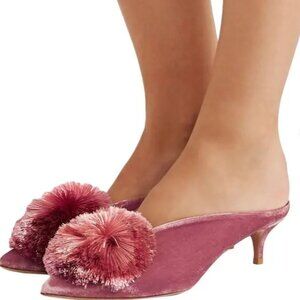 Aquazzura Powder Puff 45 Pompom Embellished Velvet Mules -US 2 Pink